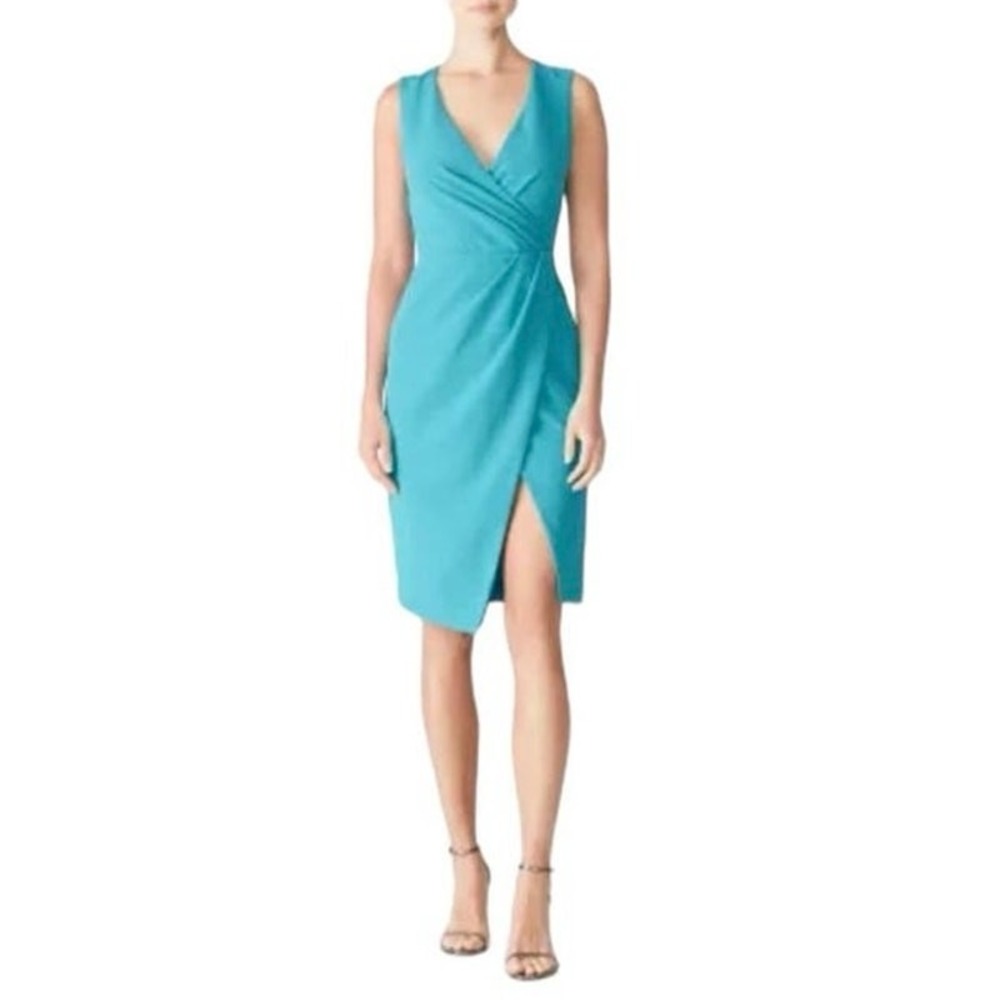 BLACK HALO Teal Wrap Sheath Dress Ruched V-Neck Slit Size‎ 0